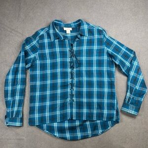 ARIAT Sandy Shirt Top Women’s Size Large Lace Up Plaid Blue Flannel
